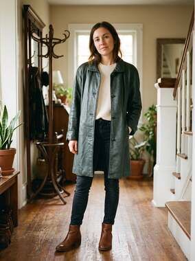 Vintage 80s Fashions by Offman Dark Forest Green Leather Trench Coat Jacket XS